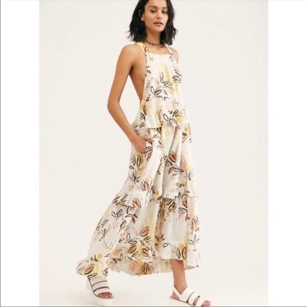 Free People Cream Floral Ruffle Tiered Open Back Boho Maxi Dress small
